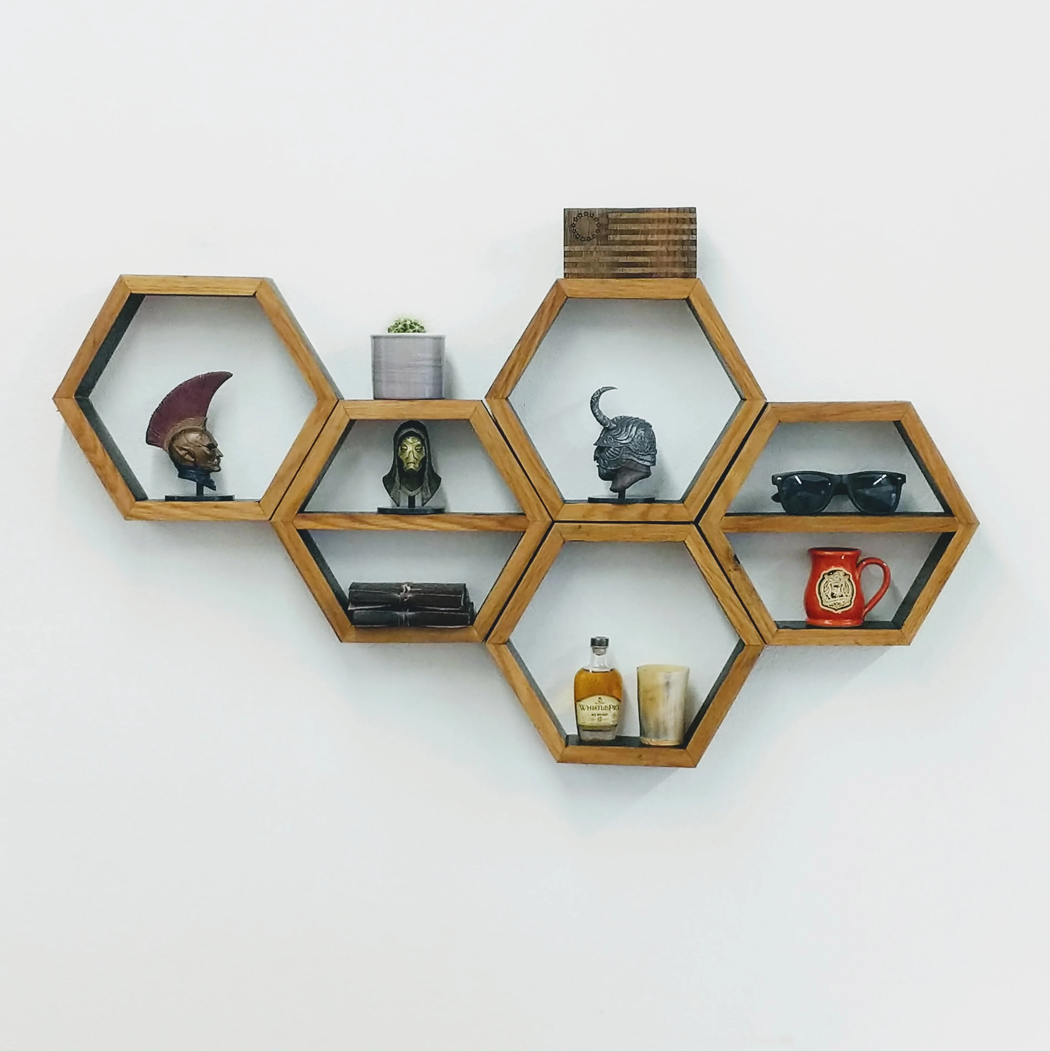 Bourbon Barrel Floating Hex Shelves – Set of 5